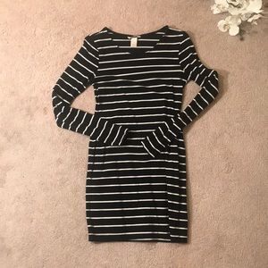 Black long sleeve striped white dress